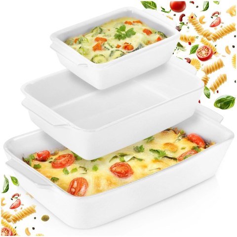 Naczynia Żaroodporne Ceramiczne Zestaw 3 szt. Białe Formy do Pieczenia