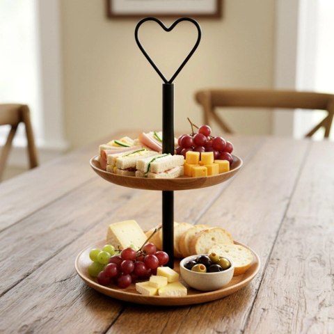 Patera Dwupiętrowa 37 cm Drewno Mango Loft Serce na Owoce Ciasta