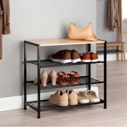 Regał na Buty 3 Poziomy Metal Czarny Półka Bambus 60 x 30 x 57 cm