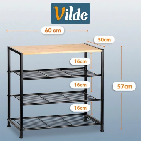 Regał na Buty 3 Poziomy Metal Czarny Półka Bambus 60 x 30 x 57 cm
