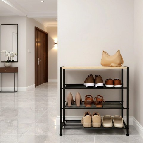 Regał na Buty 3 Poziomy Metal Czarny Półka Bambus 60 x 30 x 57 cm