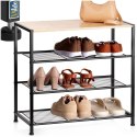 Regał na Buty 3 Poziomy Metal Czarny Półka Bambus 60 x 30 x 57 cm