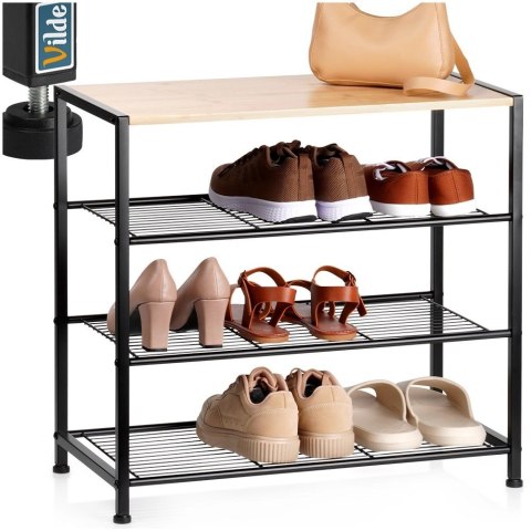 Regał na Buty 3 Poziomy Metal Czarny Półka Bambus 60 x 30 x 57 cm