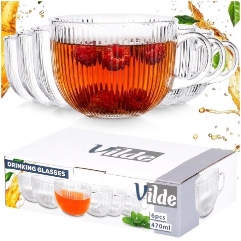 Zestaw 6 Szklanek XXL 470 ml z Uchem do Kawy Herbaty Ryflowane VILDE