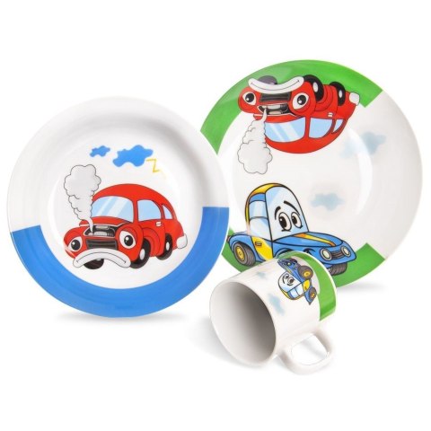 Zestaw Śniadaniowy 3 el. ORION Porcelanowy Dziecięcy Kubek Talerz Auto