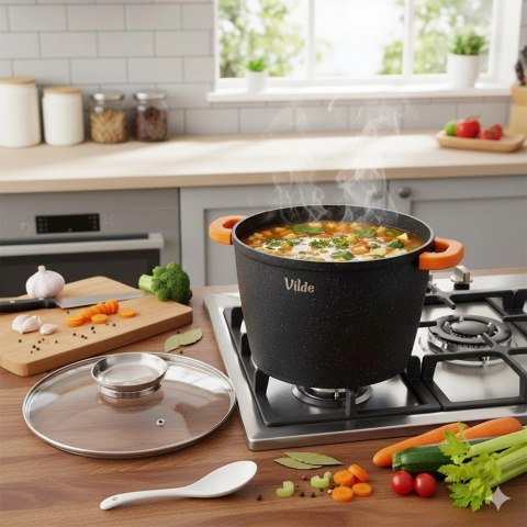 Garnek Granitowy 6,7 L 24 cm Pokrywka Aroma Dozownik Silikon VILDE