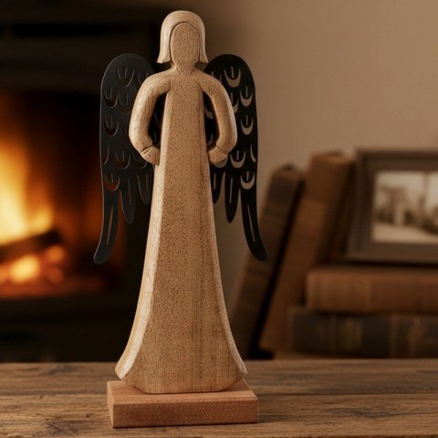 Figurka Dekoracyjna Anioł Drewniana Drewno Mango Metalowe Skrzydła 32,5 cm