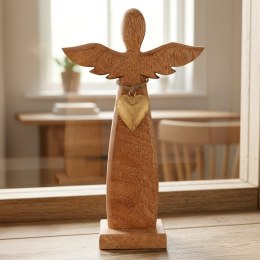 Figurka Dekoracyjna Anioł Drewniana Drewno Mango Złote Serce 26 cm ORION
