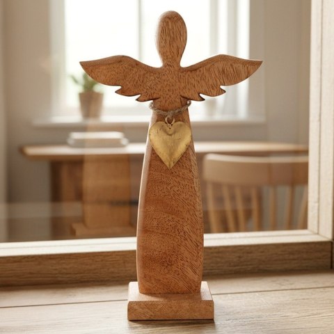 Figurka Dekoracyjna Anioł Drewniana Drewno Mango Złote Serce 26 cm ORION