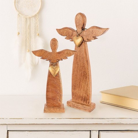 Figurka Dekoracyjna Anioł Drewniana Drewno Mango Złote Serce 26 cm ORION