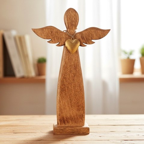 Figurka Dekoracyjna Anioł Drewniana Drewno Mango Złote Serce 42 cm ORION