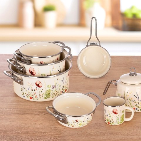 Garnek Emaliowany Kremowy w Kwiaty Maki 16 cm 0,95 L na Indukcję