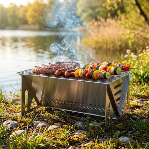 Grill Węglowy Turystyczny Przenośny Składany Płaski Stalowy 40 x 24 cm