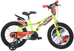 Rowerek Dziecięcy 16 Cali Raptor Żółty Kółka Boczne Hamulec Dino Bikes