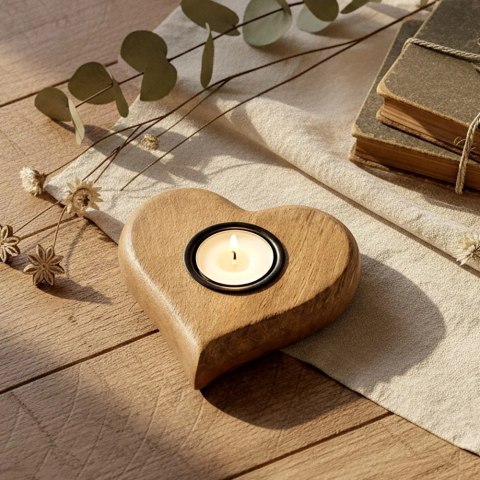 Świecznik Serce Drewno MANGOWCA na Tealight 12,5 cm Duży Boho