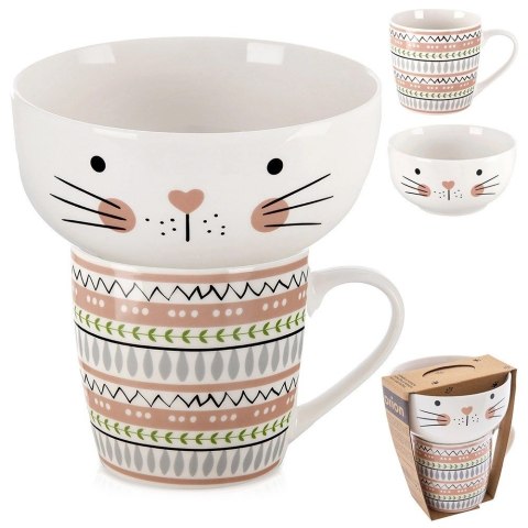 Kubek z Miseczką Porcelanowy 2 el. ORION Kot Zestaw Śniadaniowy