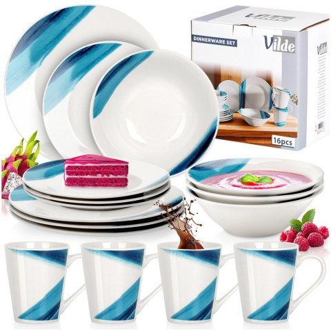 Serwis Obiadowy Zestaw Talerzy Kubki Porcelana dla 4 Osób Niebieski