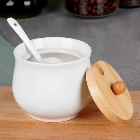 Cukierniczka Ceramiczna VILDE 250 ml Biała 9 x 9 cm z Pokrywką i Łyżeczką
